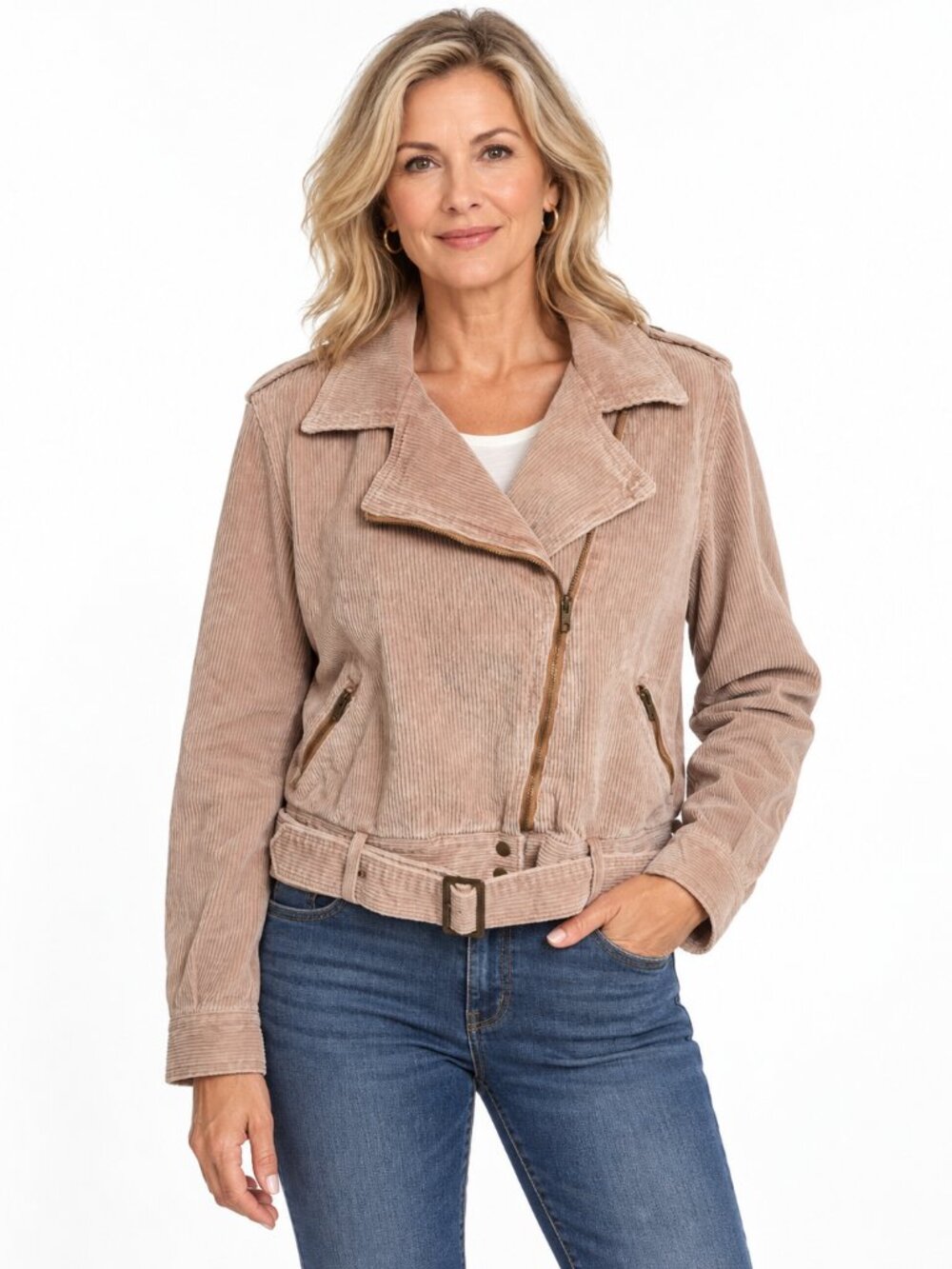 POL Blush Pink Corduroy Moto Biker Jacket Sz L Belted Distressed Boho Chic Edgy